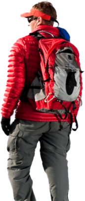 White male hiker in red jacked and backpack